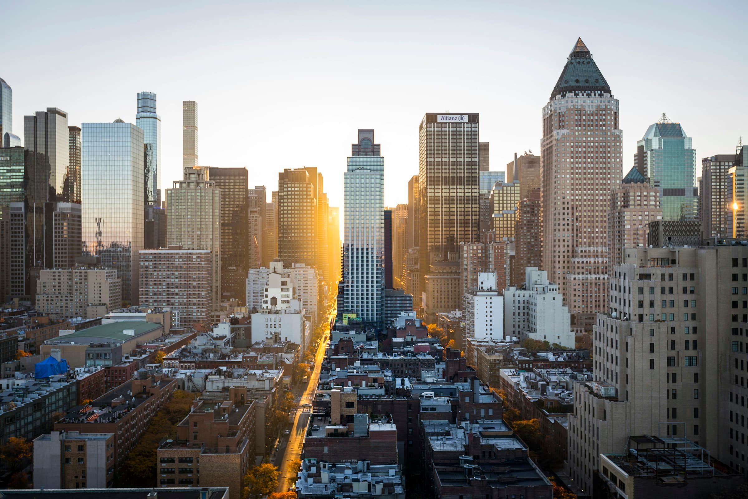 City skyline with financial towers